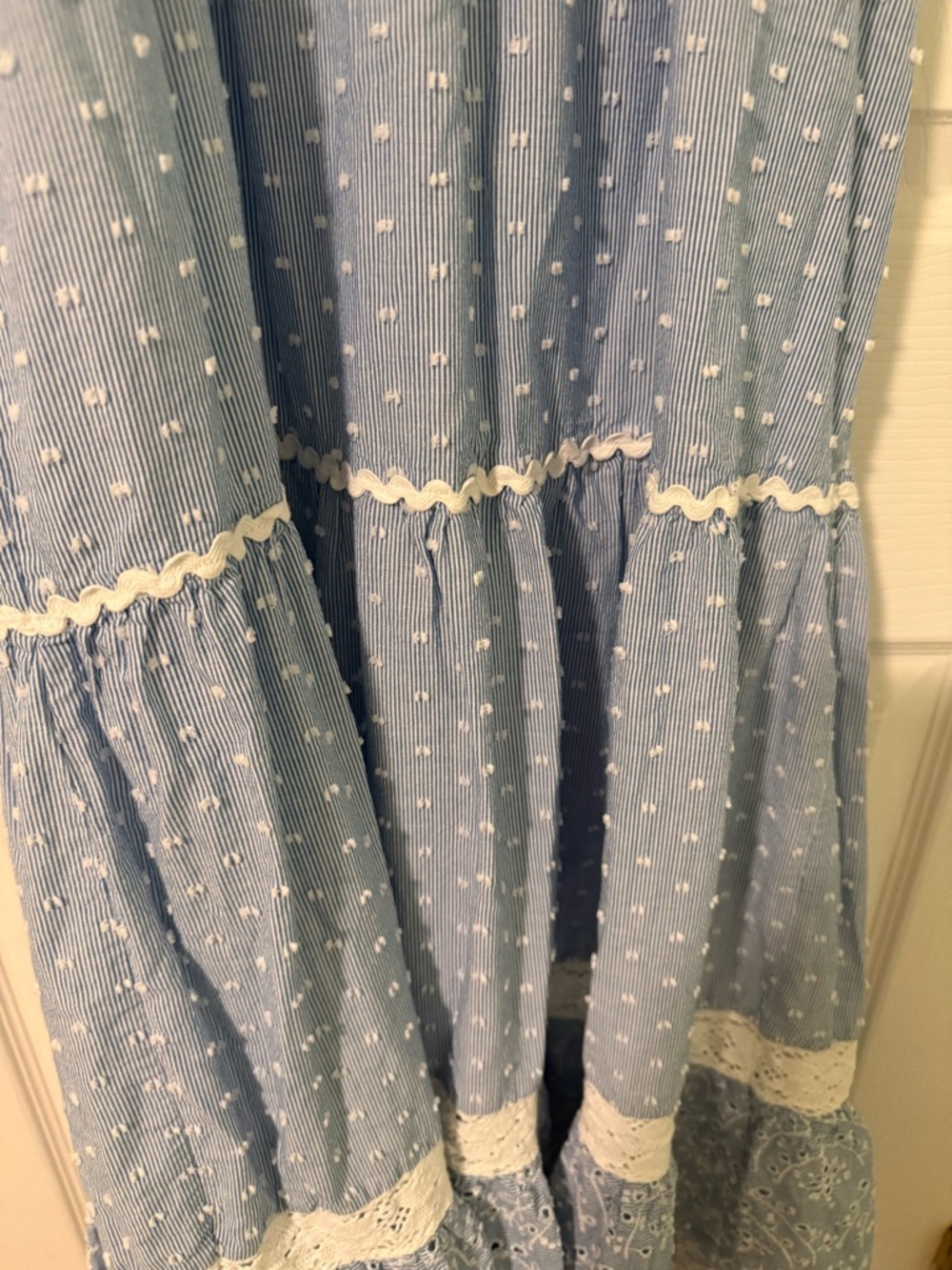 Light Blue Eyelet Tiered Maxi Dress W Tie Straps Shabby Chic Lace,Bust 31”-32” - Picture 8 of 13